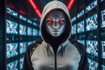 Suspect white AI robot wear hood jacket standing in data center server modern office working room in concept of cyber security hacking risk and privacy leak in cloud computing technology solution