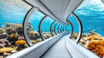 glass ceiling submarine drifting through vibrant coral reefs