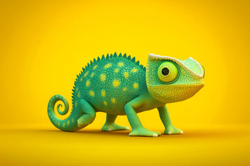 Obraz premium chameleon on a yellow background, chameleon on a blank yellow background, a chameleon, chameleon, cute chameleon, yellow background, Copy Space For Add Text 3D Rendering, 3D, Vector, AI Generative