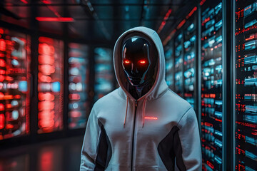 Suspect white AI robot wear hood jacket standing in data center server modern office working room in concept of cyber security hacking risk and privacy leak in cloud computing technology solution