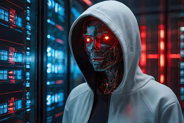 Suspect white AI robot wear hood jacket standing in data center server modern office working room in concept of cyber security hacking risk and privacy leak in cloud computing technology solution