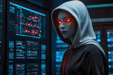 Suspect white AI robot wear hood jacket standing in data center server modern office working room in concept of cyber security hacking risk and privacy leak in cloud computing technology solution