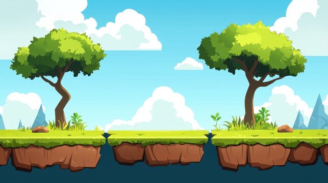 Cartoon game landscape featuring two grassy platforms with trees, under a bright blue sky.