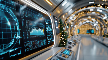 Fototapeta premium high tech control panel inside submarine with glowing screens and data displays