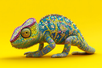 Obraz premium chameleon on a yellow background, chameleon on a blank yellow background, a chameleon, chameleon, cute chameleon, yellow background, Copy Space For Add Text 3D Rendering, 3D, Vector, AI Generative