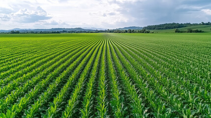 Lush green cornfield with rows of crops under cloudy sky
