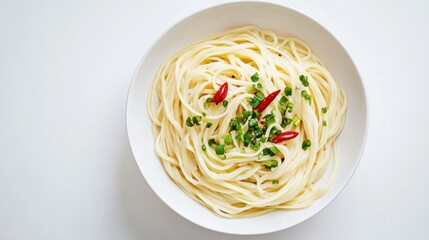 Simple pasta dish, chili, herbs, white bowl, food blog