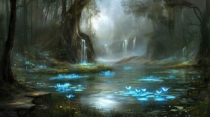Enchanted forest pool, glowing butterflies, waterfalls, misty background, fantasy game art