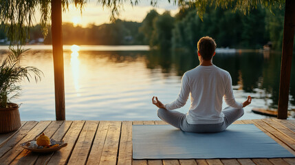 peaceful morning yoga session by lake, stretching and enjoying sunrise