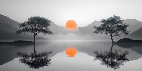 Misty Sunrise Over a Calm Lake with Silhouettes of Trees