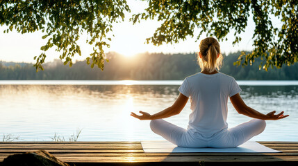 Fototapeta premium serene morning yoga session by lake, embracing nature beauty