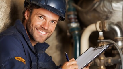 technician with a blue helmet smiles brightly while documenting findings on a clipboard in a mechanical area. Pipes and tools are visible, indicating work in progress