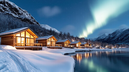 Fototapeta premium serene winter scene featuring cozy cabins by snowy lake under northern lights