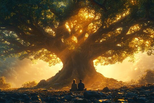 Couple admires giant tree, sunrise, forest