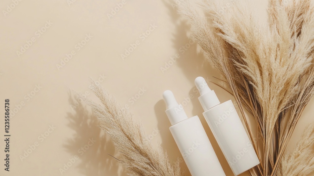 Canvas Prints White serum bottles, pampas grass, beige background. Lifestyle product photo