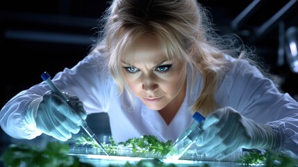 dedicated scientist is engaged in plant research in a cutting-edge lab, carefully using tools to analyze samples on a bright work surface under intense illumination