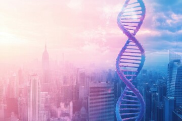DNA Helix Over Dreamy City Skyline in Pastel Hues