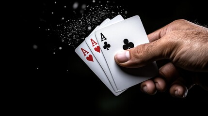hand confidently displays three aces, two red hearts and a black club, with a dark backdrop and sparkling particles enhancing the winning moment in a card game