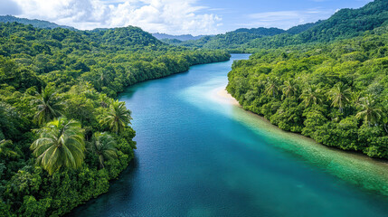 Naklejka premium Lush jungle river winding through tropical landscape with clear water
