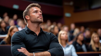 young man with a thoughtful expression listens intently in a university lecture hall filled with students