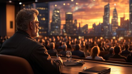 middle-aged man sits at a table with a glass of water, taking notes during a conference. backdrop showcases a city skyline illuminated by a vivid sunset, with an attentive audience