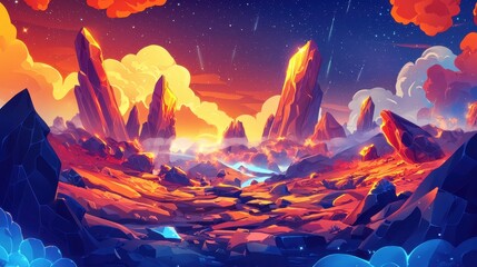 Vibrant Alien Landscape With Glowing Crystal Mountains