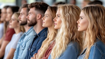 Obraz premium diverse group of young adults listen attentively during a workshop, their focused expressions reflecting engagement in the discussion. setting is bright, enhancing the lively atmosphere