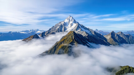 stunning mountain peak rises above clouds, showcasing its majestic beauty