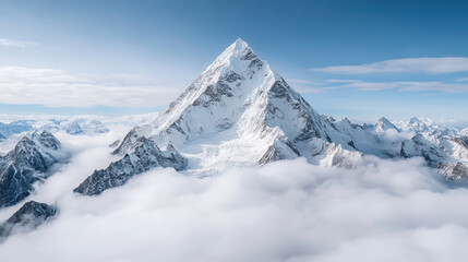 stunning mountain peak rises majestically above clouds, showcasing its snowy summit and rugged