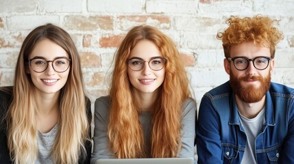 Three friends with stylish glasses engage in a study session at a cafe featuring a vintage brick wall. atmosphere is warm and collaborative, perfect for learning together