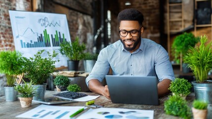 man in a casual shirt engages with his laptop in a workspace surrounded by greenery and business charts. He appears focused and content while processing information during work hours