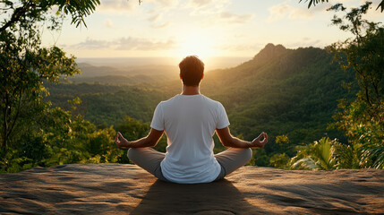 Fototapeta premium serene nature setting where person is meditating at sunset