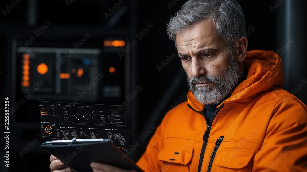 Poster experienced professional in an orange jacket focuses intently on a digital tablet displaying various