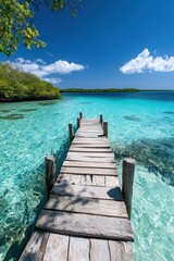 Fototapeta premium Tranquil wooden pier over crystal clear turquoise waters under a bright blue sky.