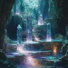 Crystal cave with glowing pillars and stairs.