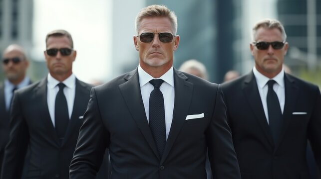 group of men dressed in black suits and sunglasses walks together in a professional manner. They exude confidence and authority, surrounded by a modern city backdrop on a sunny day