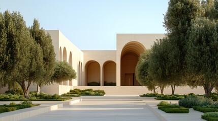 Obraz premium This setting showcases a contemporary building with smooth lines and elegant arches, surrounded by manicured gardens and olive trees under a clear blue sky