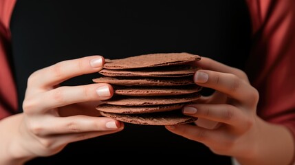 A person holding a stack of chocolate cookies against a softly blurred background