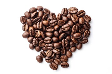 Heart-shaped arrangement of roasted coffee beans on a white background, symbolizing love for coffee (3)