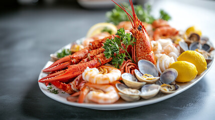 Delicious Seafood Platter Lobster Shrimp Clams Lemon Garnish Fresh Summer Food Meal Plate Ocean     