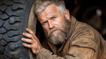 Obraz premium skilled mechanic inspects a large tire in a workshop filled with tools and equipment. His rugged appearance and focused expression reflect years of hands-on experience in the automotive field