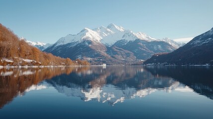 Snowy mountain reflection in calm lake, winter landscape, travel postcard