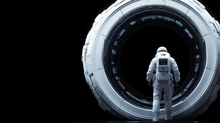 astronaut in a white space suit approaches a large, circular portal emitting soft colored lights, set against a dark background, evoking a sense of exploration and wonder