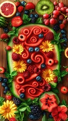 Fototapeta premium Vibrant arrangement of carved fruits and flowers on a wooden surface, showcasing artistic edible design