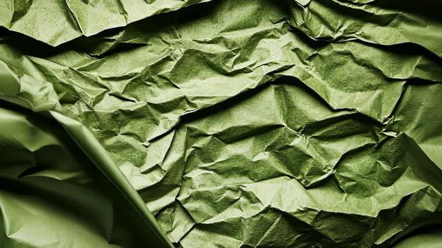 Crumpled green paper texture with detailed folds and creases in soft lighting