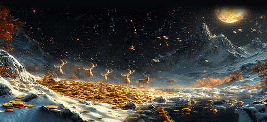 Majestic Deers Gaze Upon a Mountain of Gold Coins in a Winter Wonderland