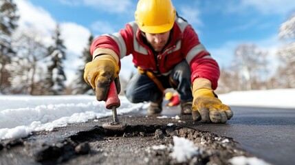 Snow covers the roadside while workers diligently repair pavement cracks. team uses hand tools to ensure safe driving conditions amidst challenging winter weather