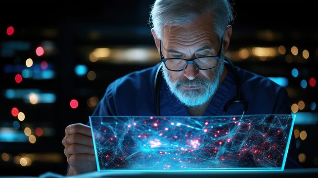 In a dimly lit laboratory, a senior scientist with glasses closely examines a floating holographic data display, surrounded by advanced technology. atmosphere is intense and focused