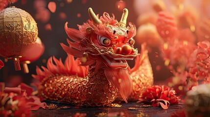 Fototapeta premium Red Chinese dragon decoration with lanterns.