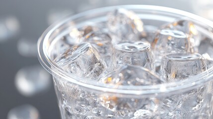 Iced water in plastic cup, close-up, blurred background, refreshing drink